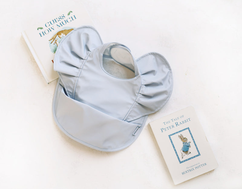 waterproof sky blue ruffle baby bib with two baby books